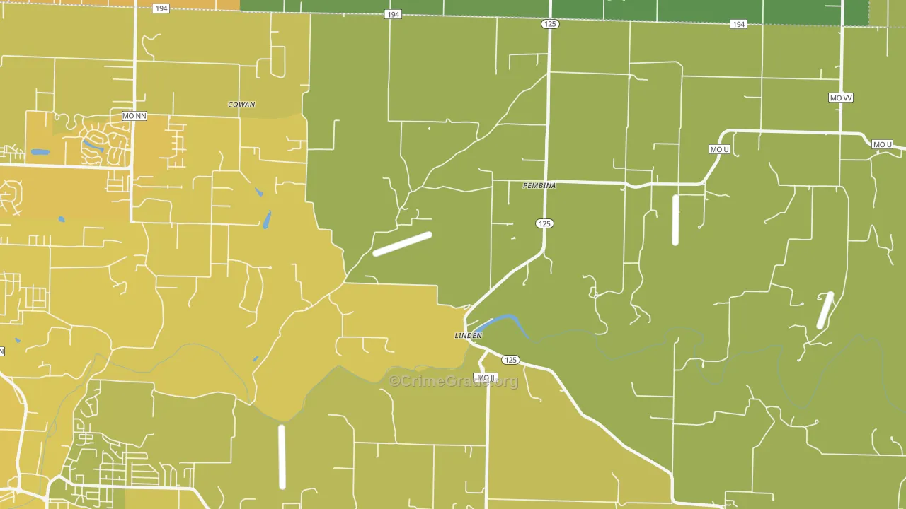 Linden, MO Map of Vehicle Theft Rates