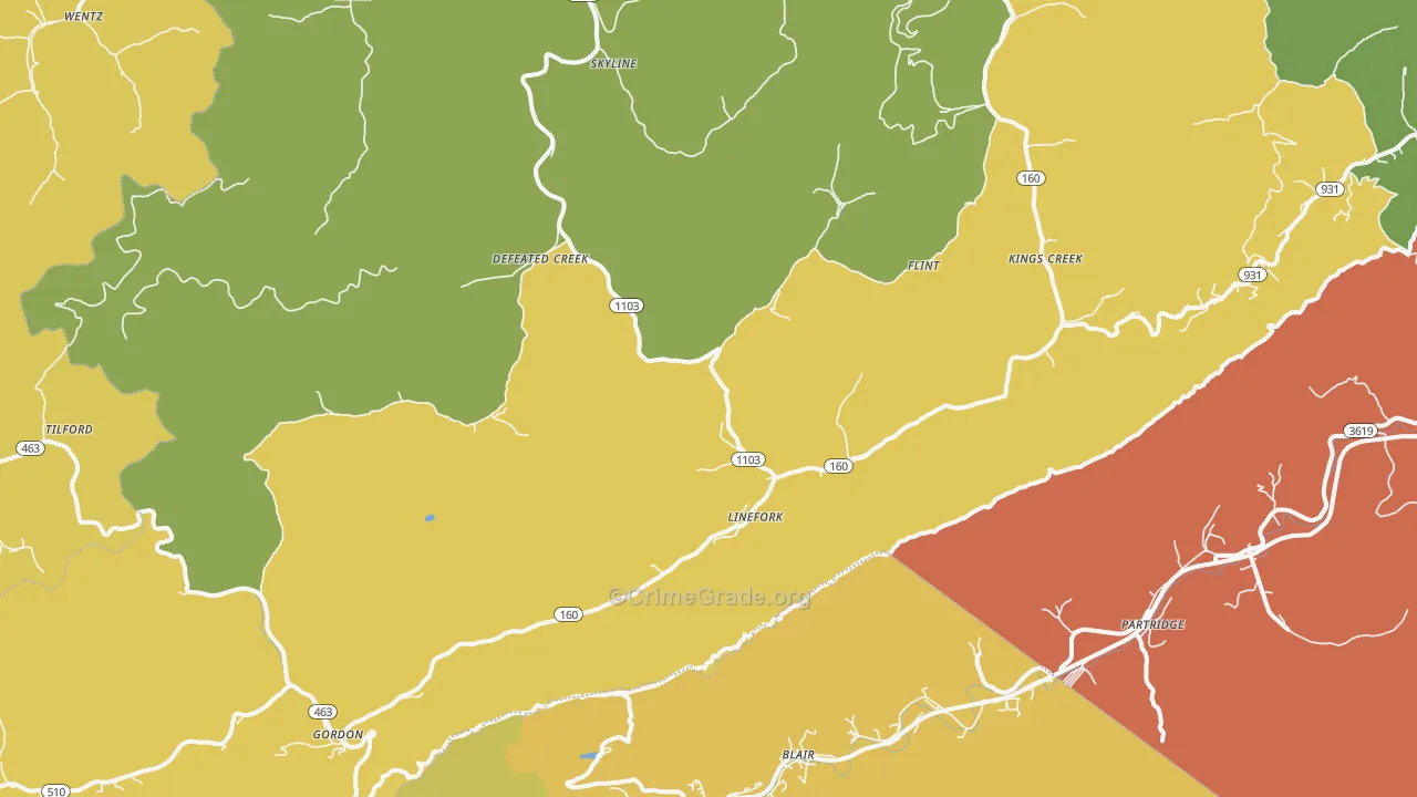 Linefork, KY Map of Vehicle Theft Rates