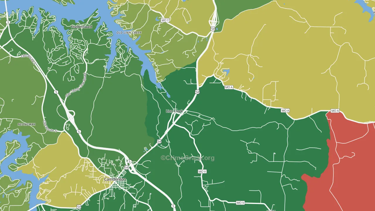 Linn Creek, MO Map of Vehicle Theft Rates