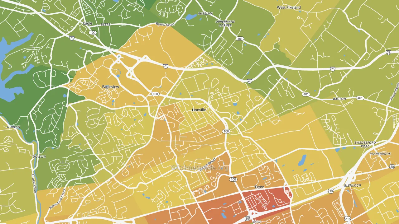Lionville, PA Map of Vehicle Theft Rates