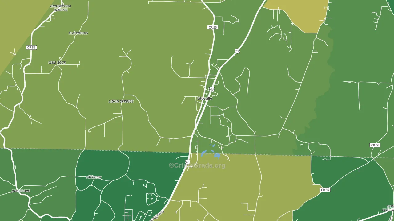 Littleville, AL Map of Vehicle Theft Rates