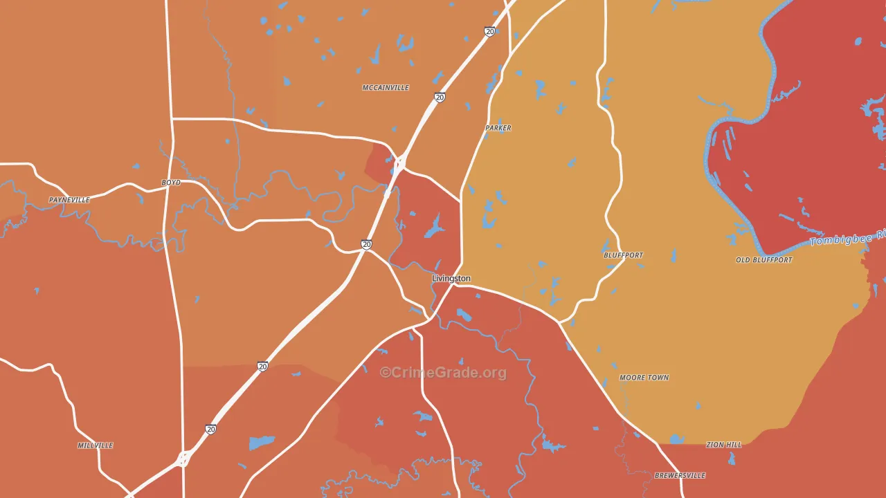 Livingston, AL Map of Vehicle Theft Rates