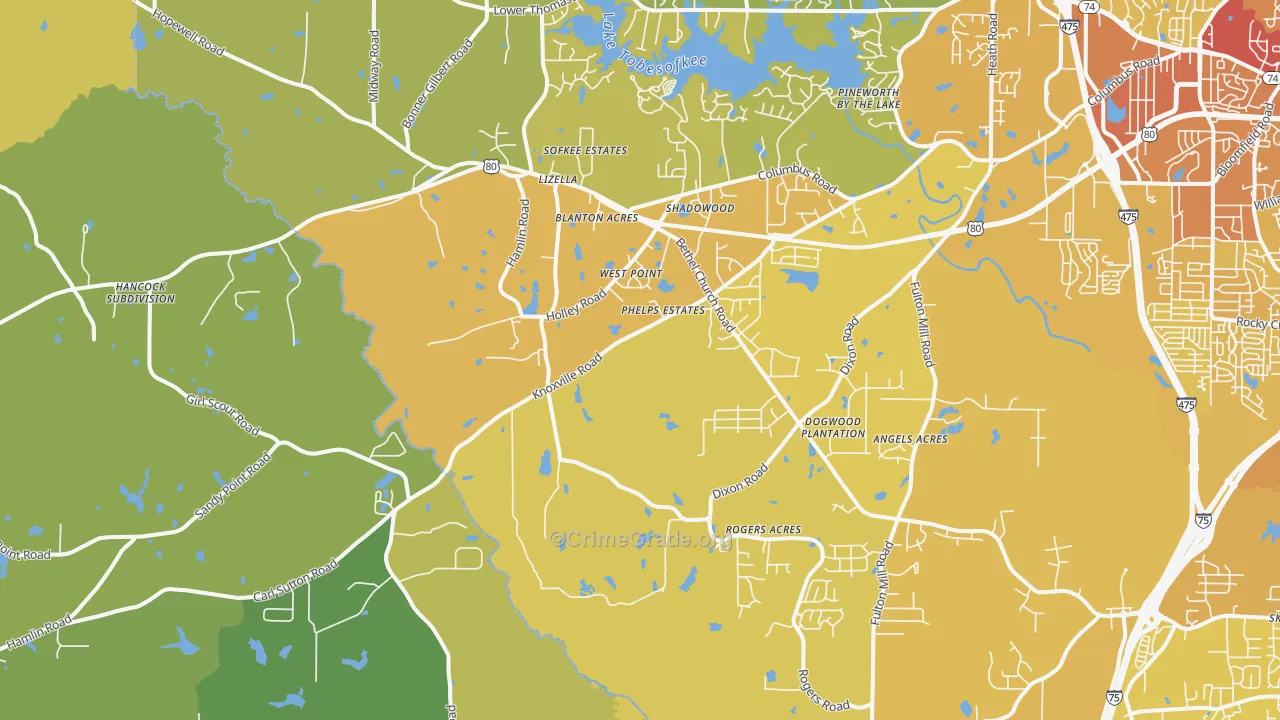 Lizella, GA Map of Vehicle Theft Rates