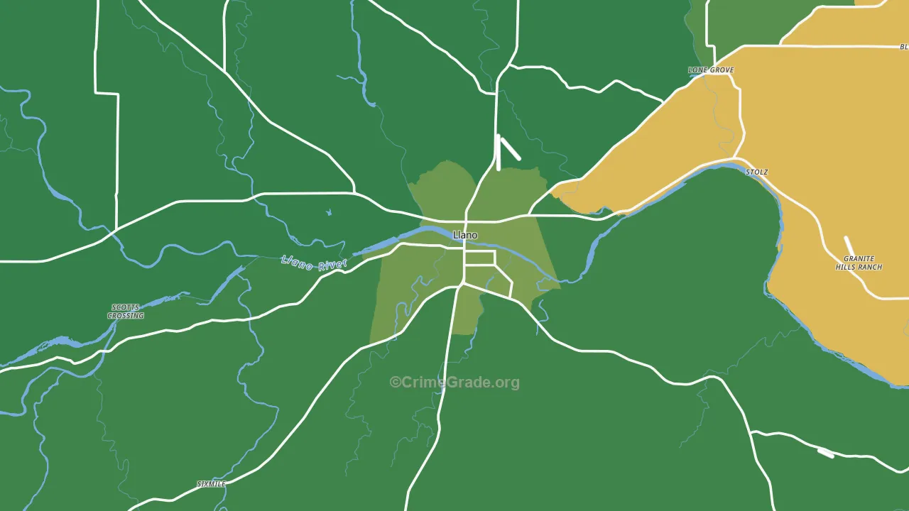 Llano, TX Map of Vehicle Theft Rates