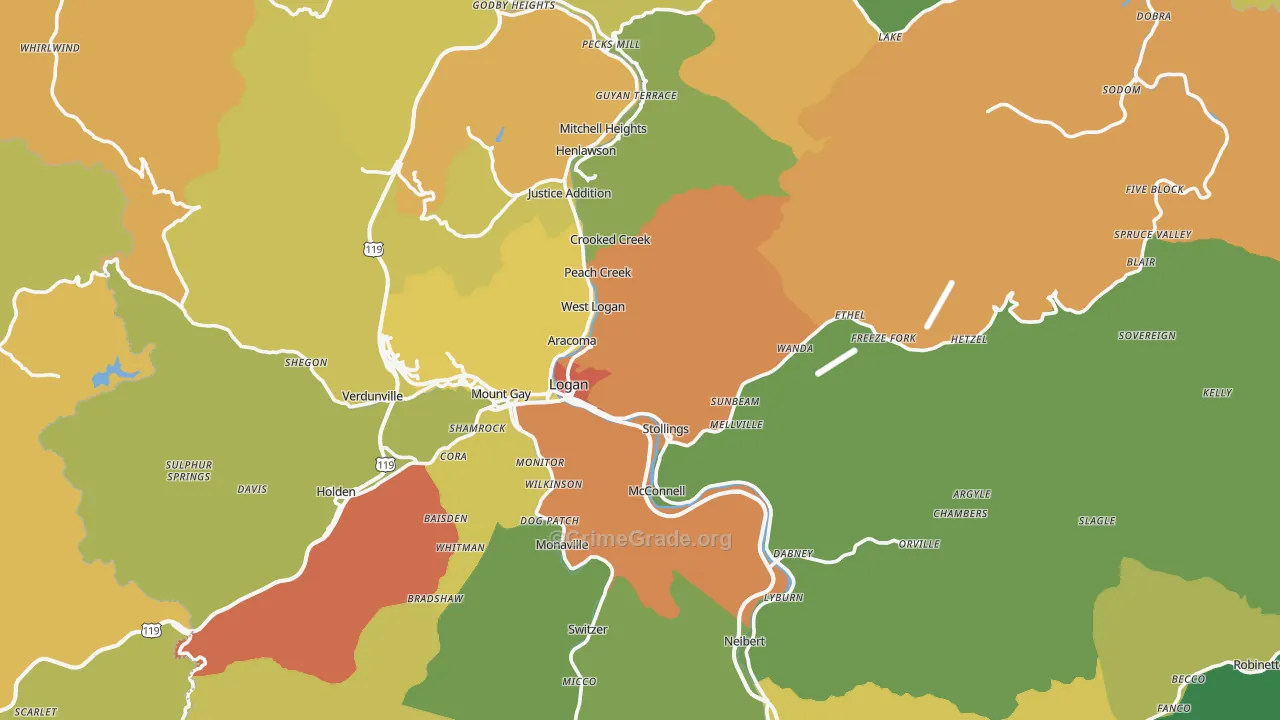 Logan County, WV Map of Vehicle Theft Rates