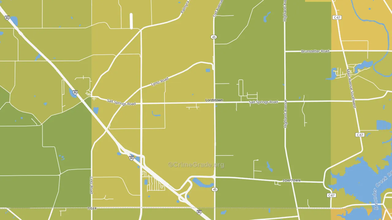 Lordstown, OH Map of Vehicle Theft Rates