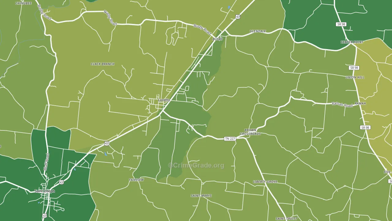 Loretto, TN Map of Vehicle Theft Rates