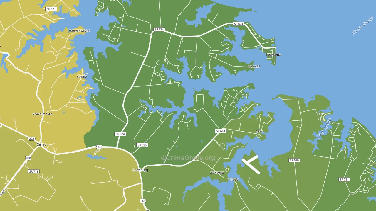 Lottsburg, VA Map of Vehicle Theft Rates