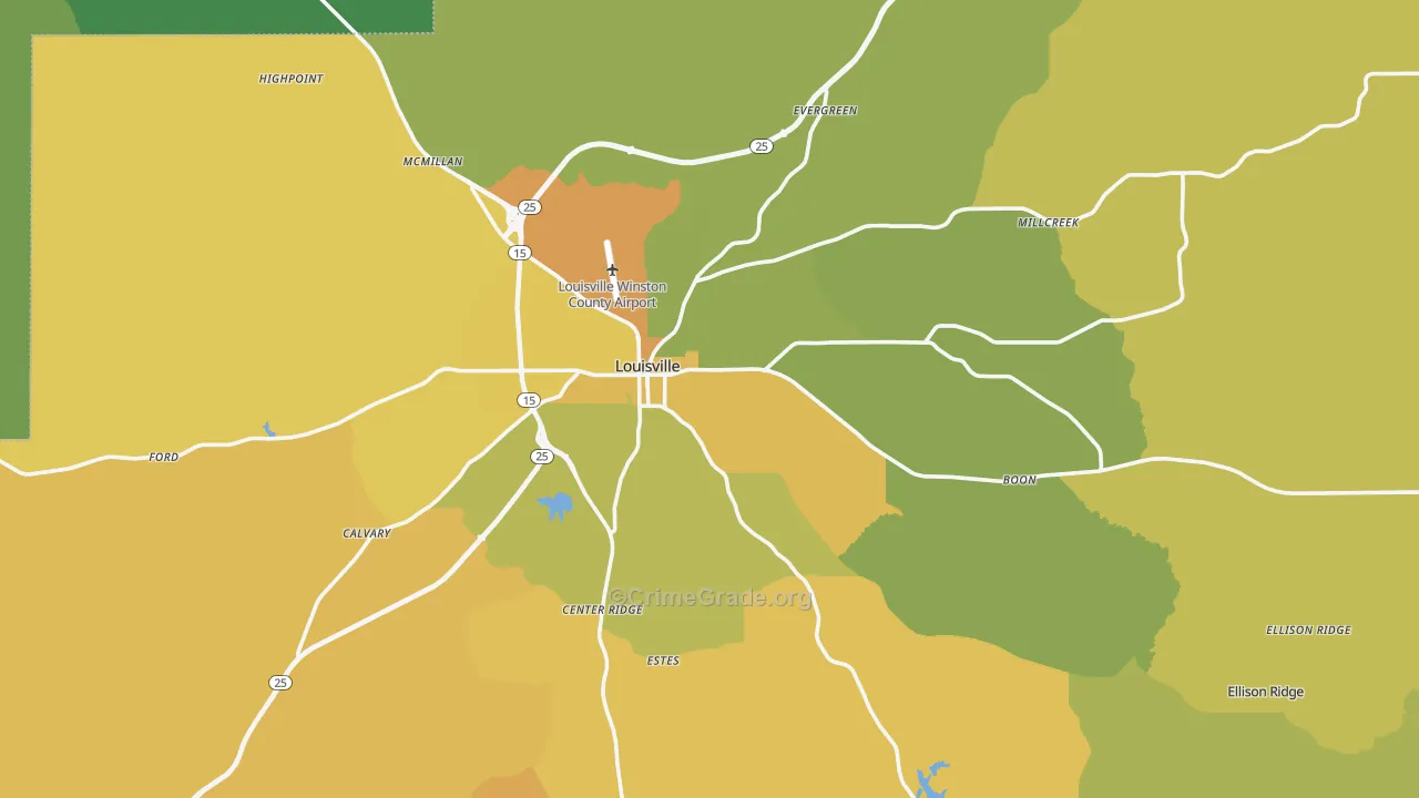 Louisville, MS Map of Vehicle Theft Rates