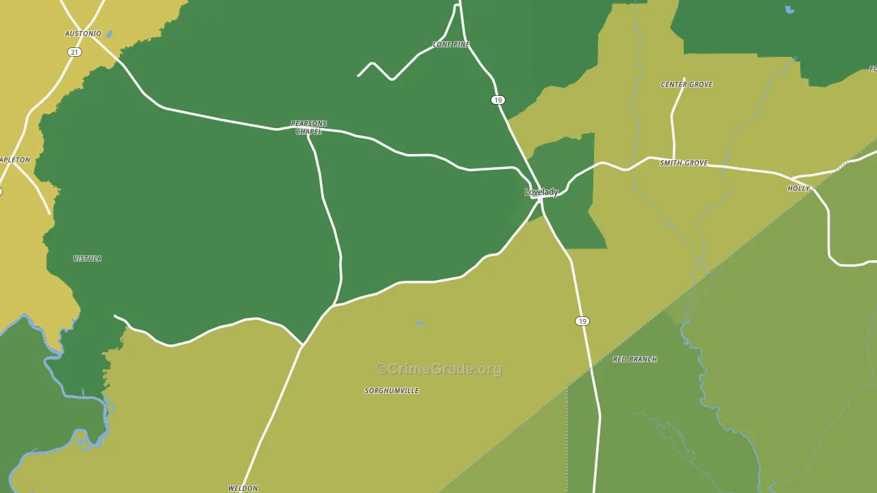 Lovelady, TX Map of Vehicle Theft Rates