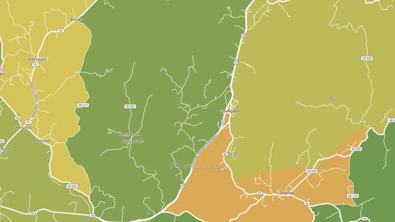 Lovingston, VA Map of Vehicle Theft Rates