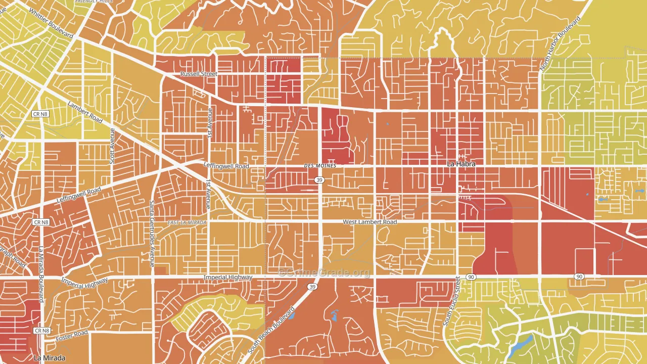 Lowell, La Habra, CA Map of Vehicle Theft Rates