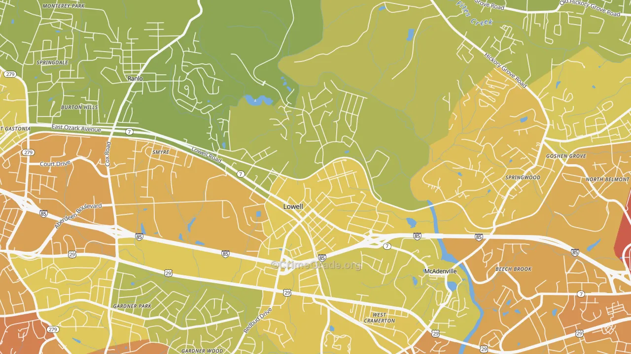 Lowell, NC Map of Vehicle Theft Rates
