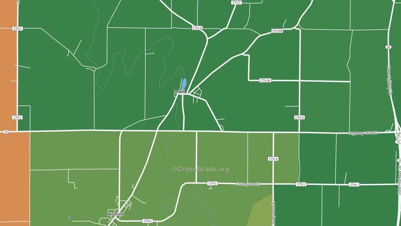 Lowell, WI Map of Vehicle Theft Rates