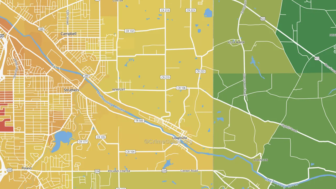 Lowellville, OH Map of Vehicle Theft Rates