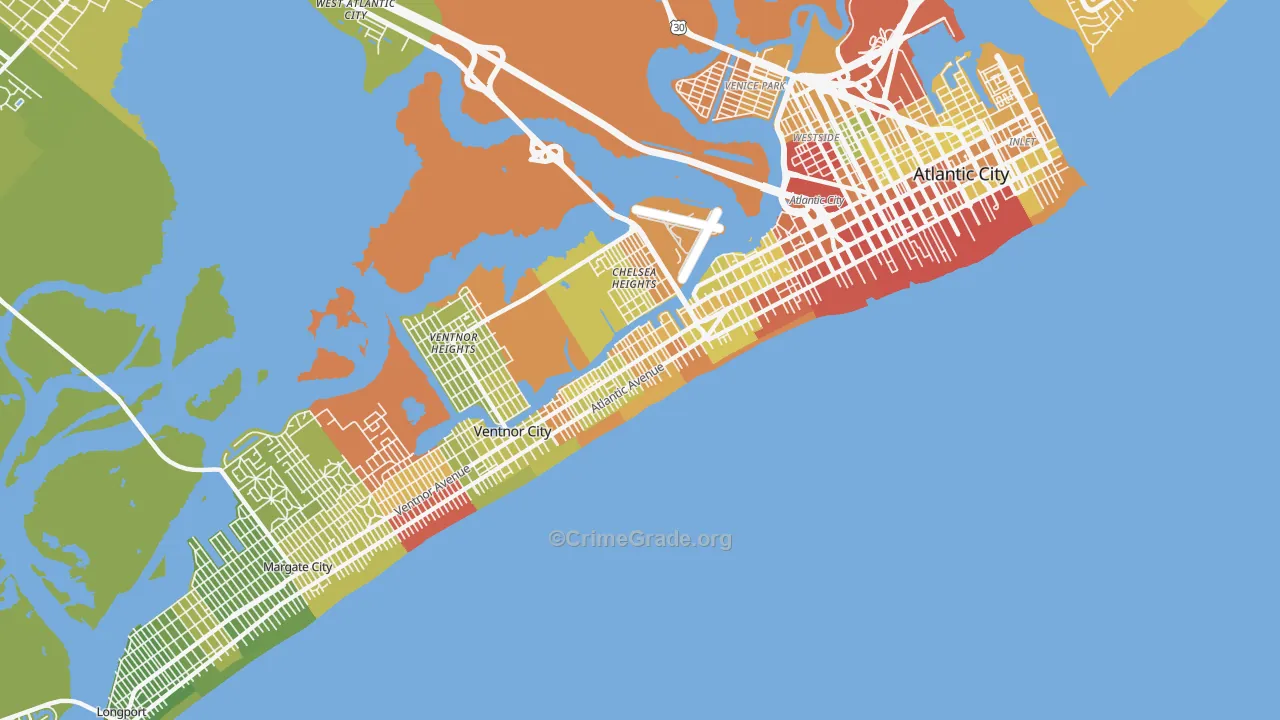 Lower Chelsea, Atlantic City, NJ Map of Vehicle Theft Rates