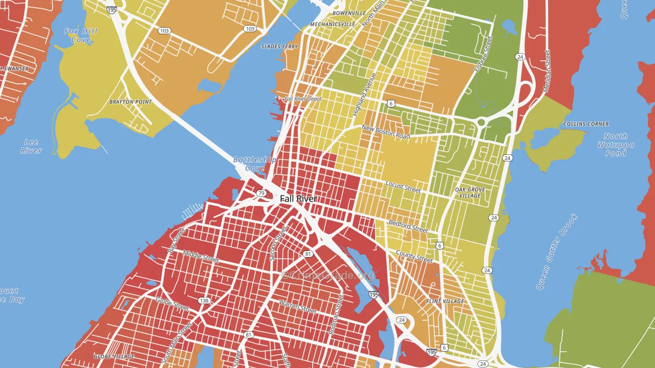 Lower Highlands, Fall River, MA Map of Vehicle Theft Rates
