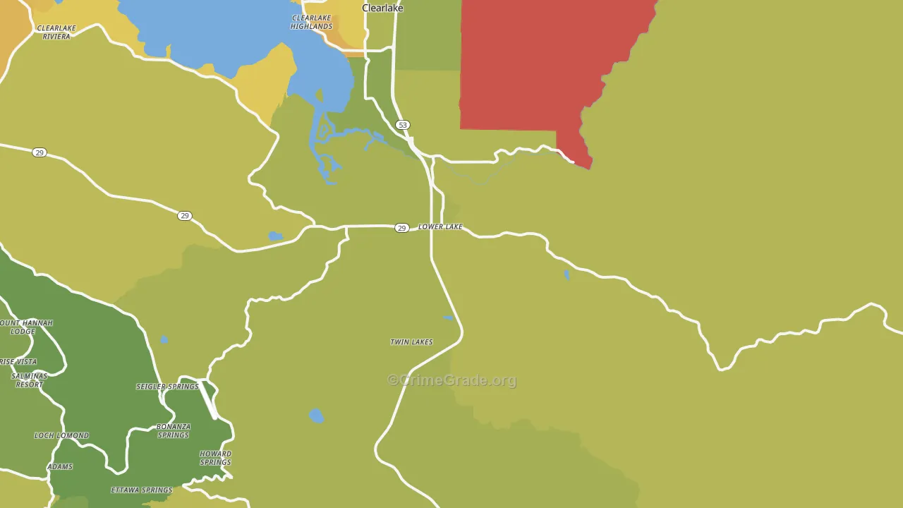 Lower Lake, CA Map of Vehicle Theft Rates