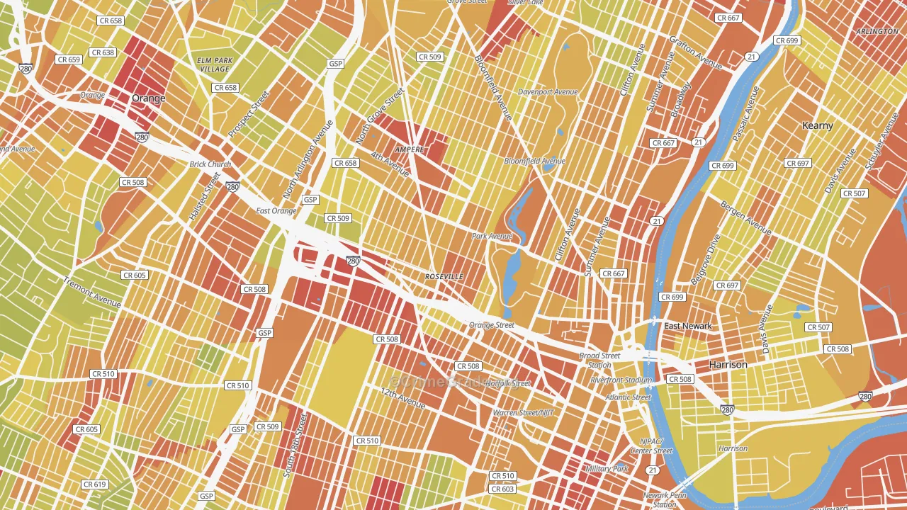 Lower Roseville, Newark, NJ Map of Vehicle Theft Rates