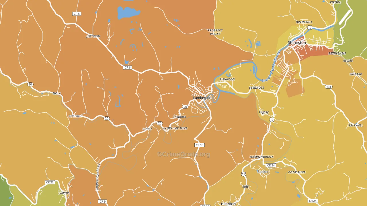 Lumberport, WV Map of Vehicle Theft Rates