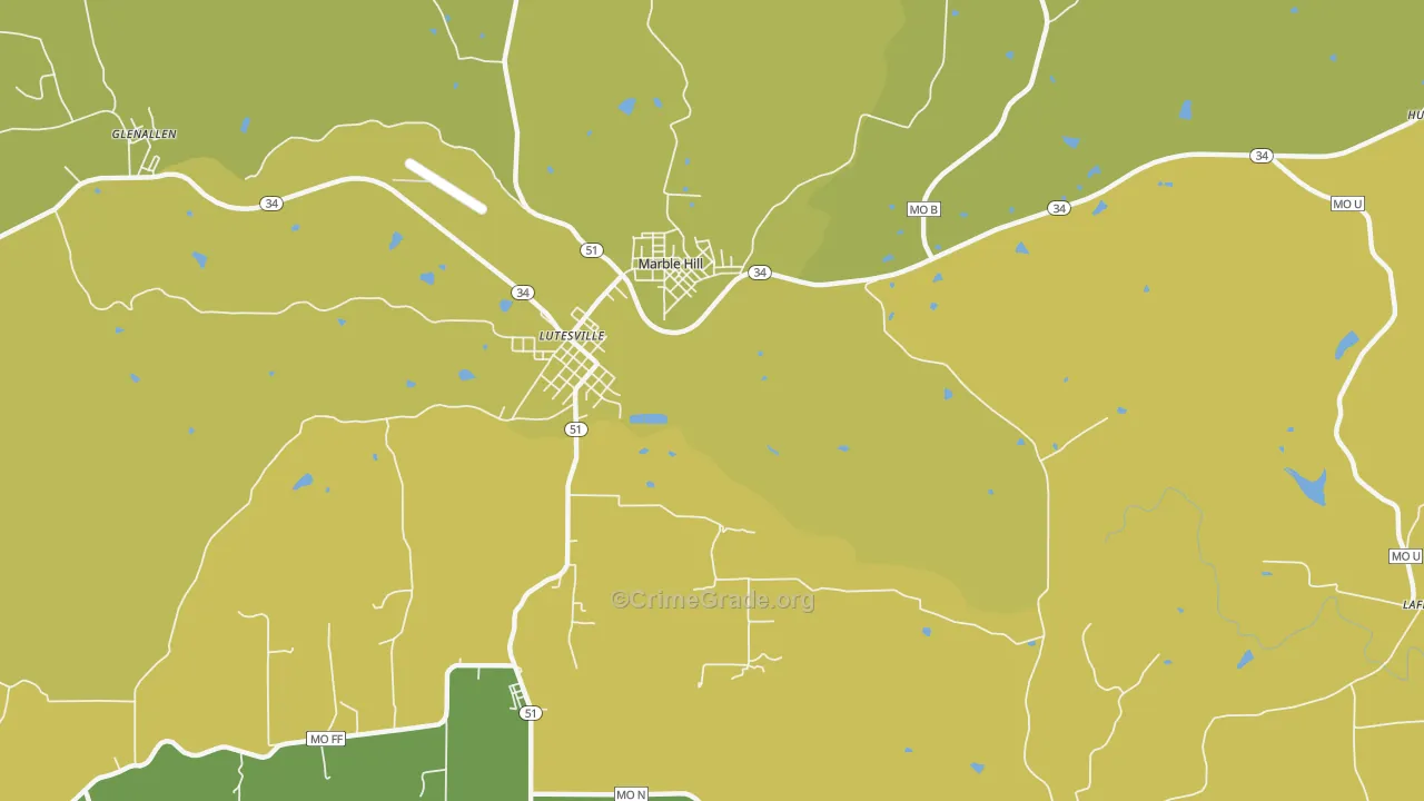 Lutesville, MO Map of Vehicle Theft Rates