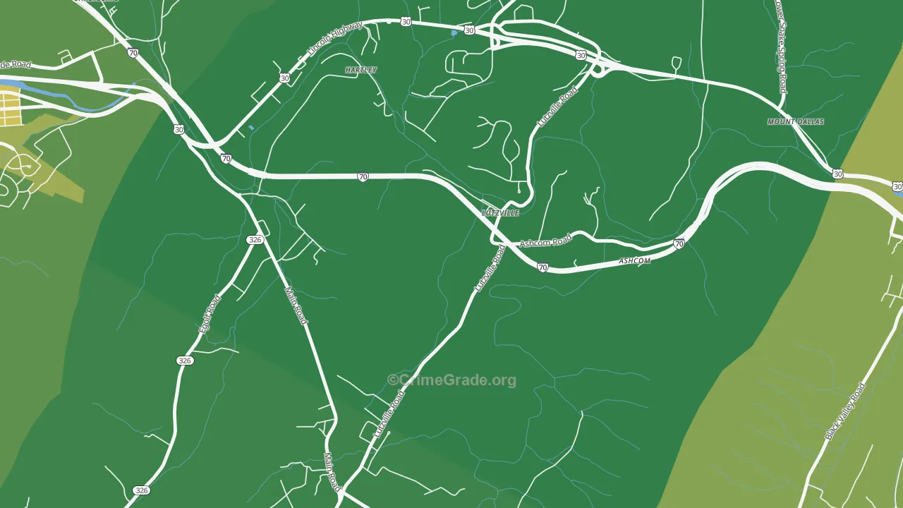 Lutzville, PA Map of Vehicle Theft Rates