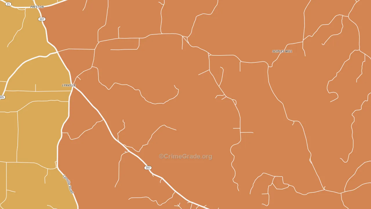 Lynville, MS Map of Vehicle Theft Rates