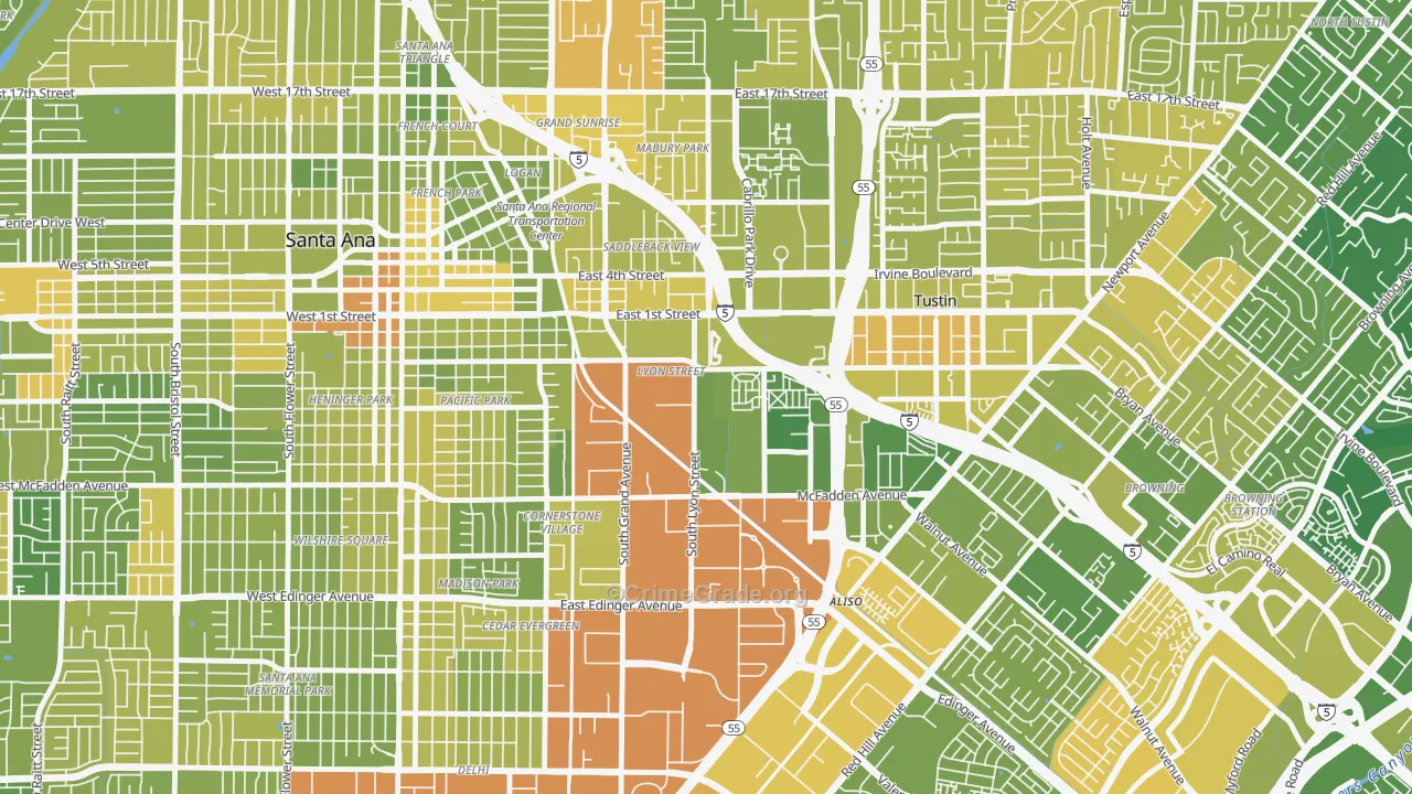 Lyon Street, Santa Ana, CA Map of Vehicle Theft Rates