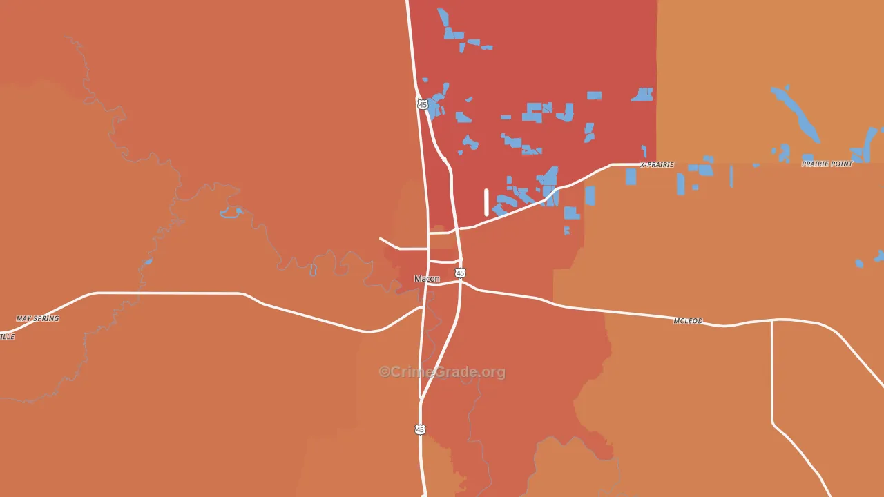 Macon, MS Map of Vehicle Theft Rates