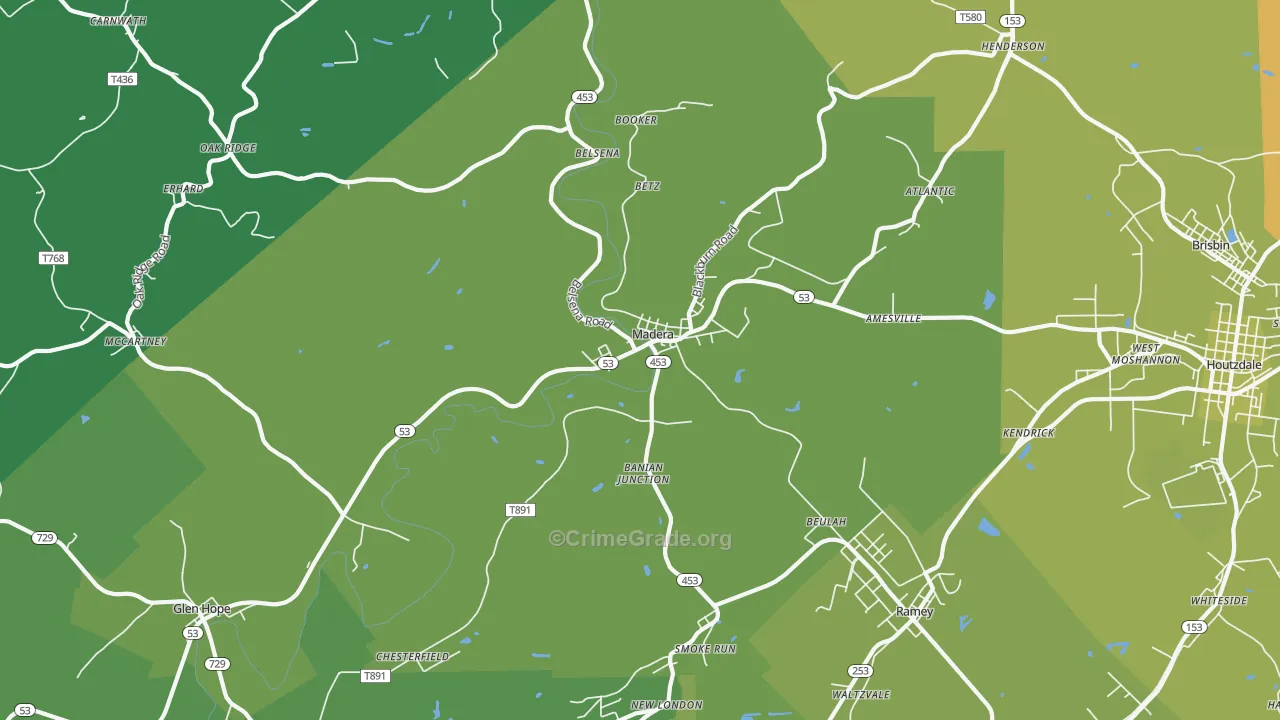 Madera, PA Map of Vehicle Theft Rates
