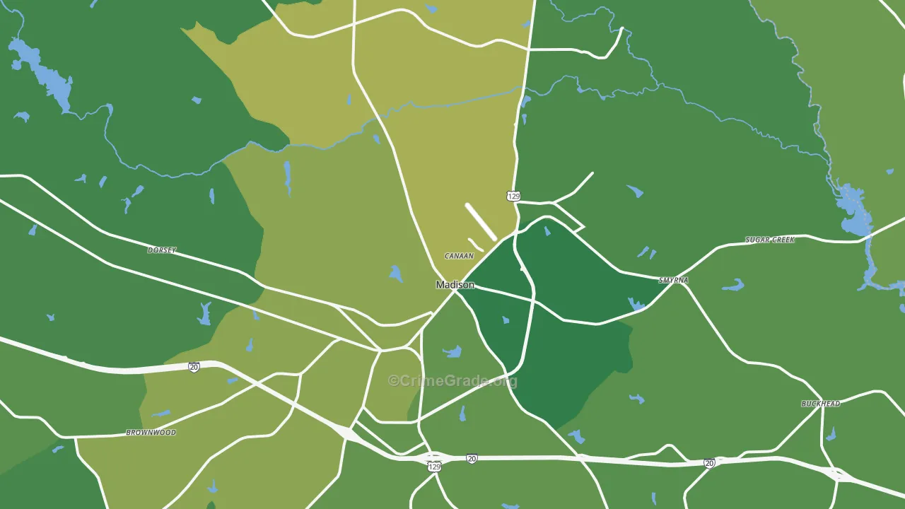 Madison, GA Map of Vehicle Theft Rates