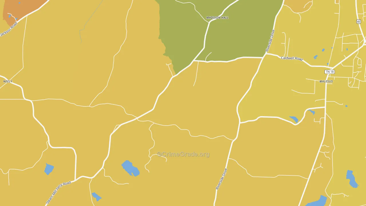 Madison Hall, TN Map of Vehicle Theft Rates