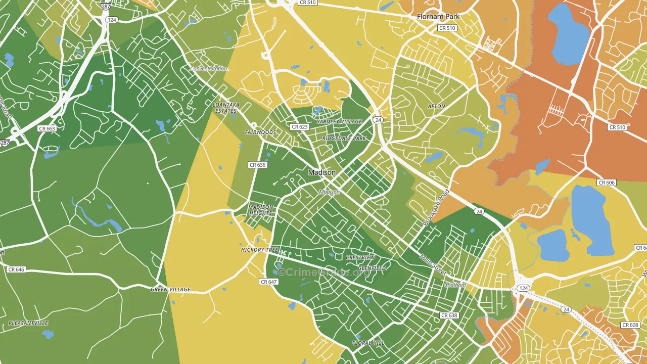 Madison, NJ Map of Vehicle Theft Rates