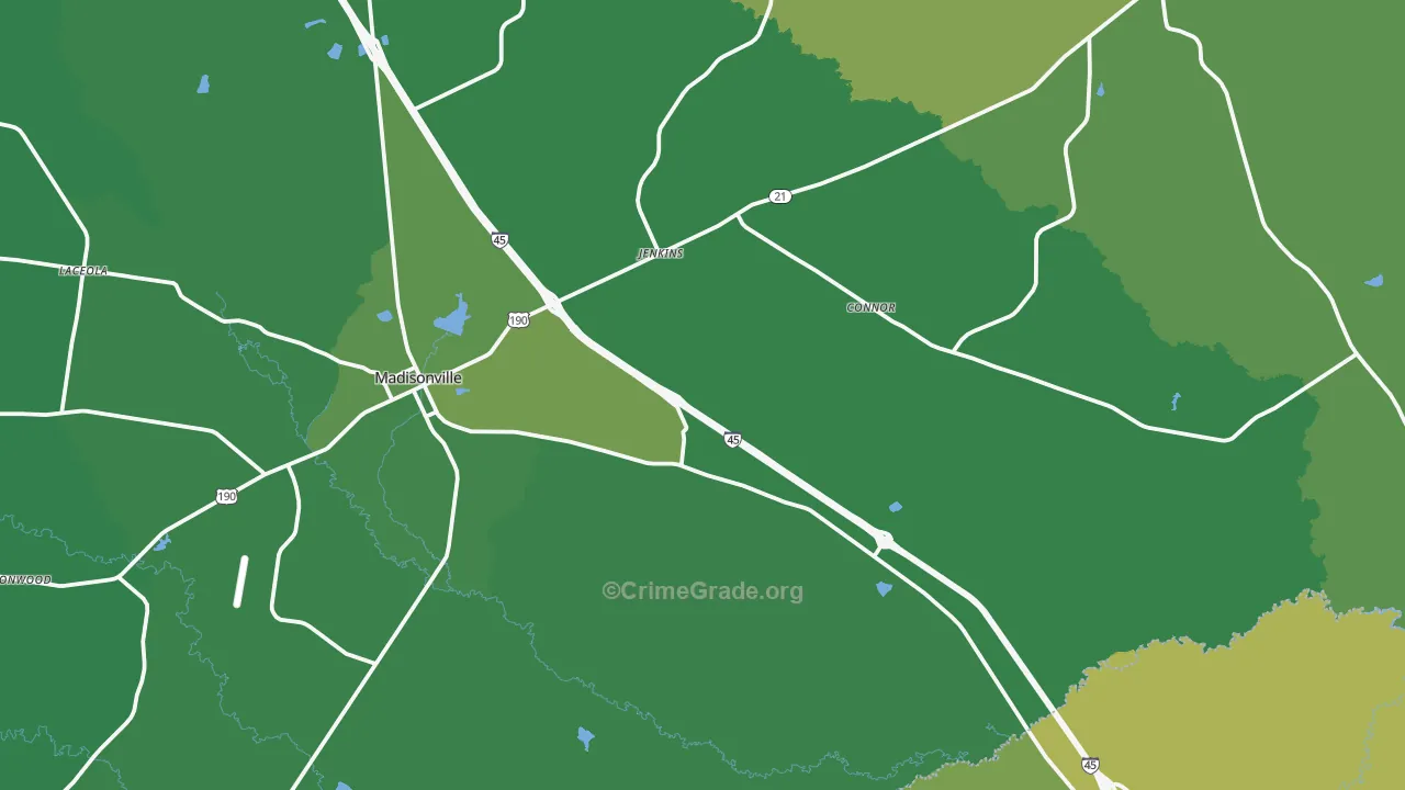 Madisonville, TX Map of Vehicle Theft Rates
