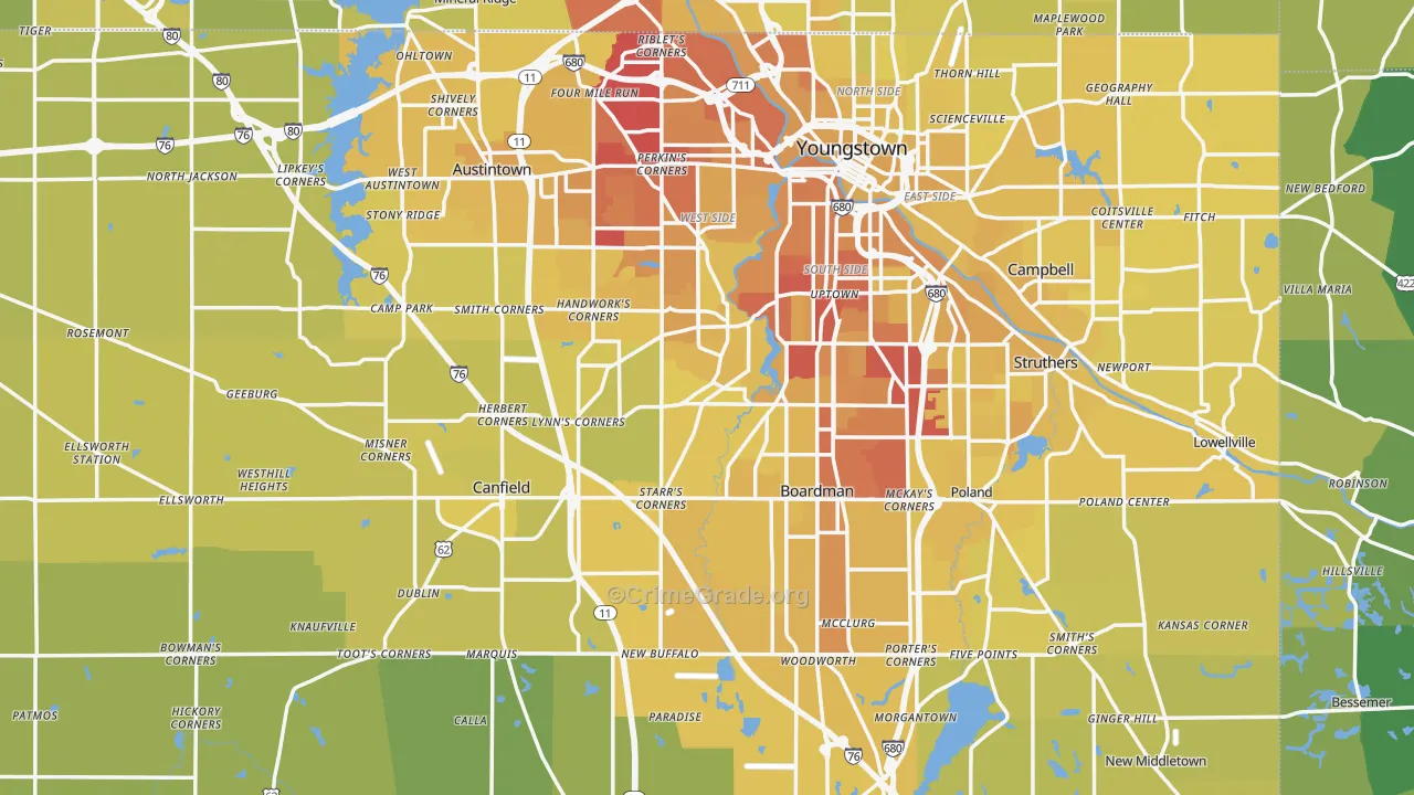 Mahoning County, OH Map of Vehicle Theft Rates