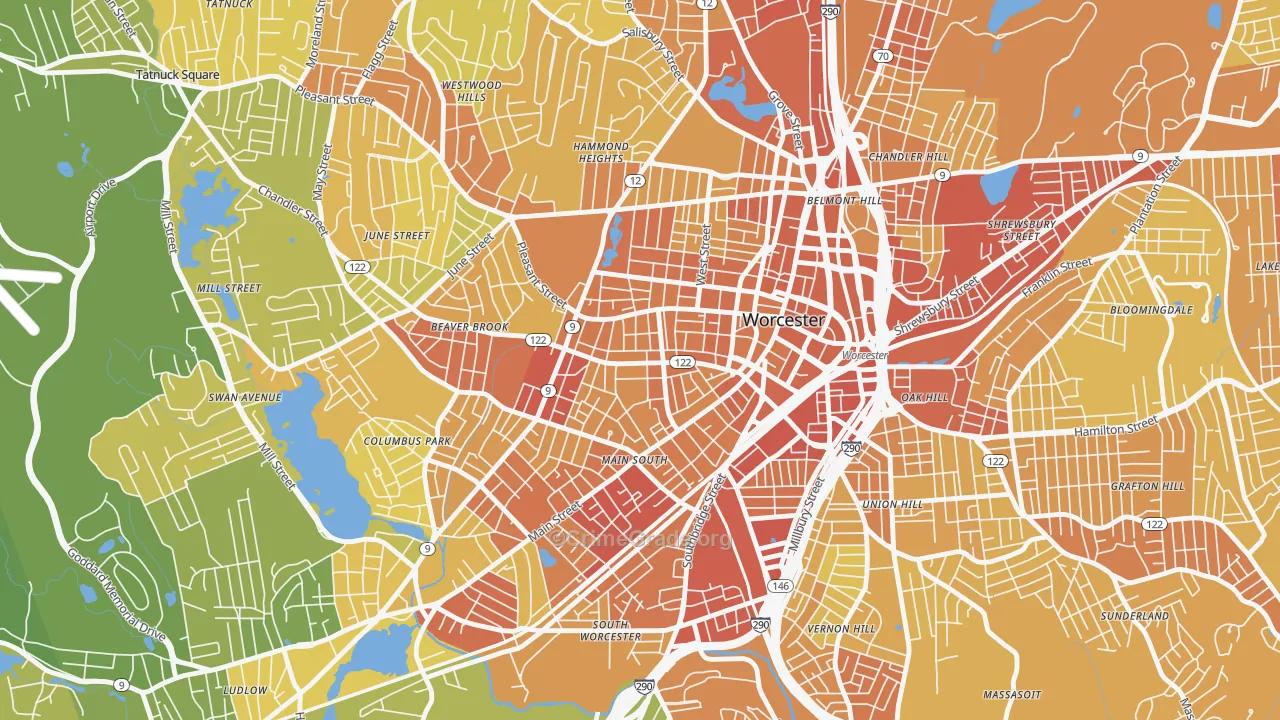 Main Middle, Worcester, MA Map of Vehicle Theft Rates