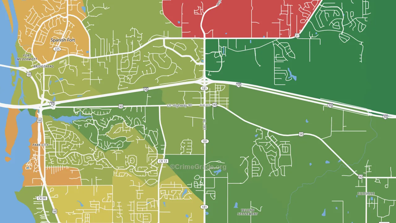 Malbis, AL Map of Vehicle Theft Rates