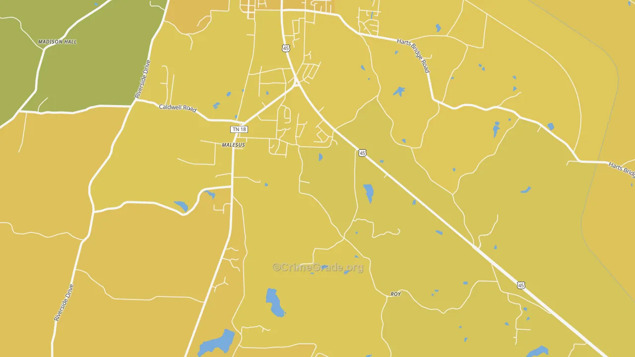 Malesus, TN Map of Vehicle Theft Rates