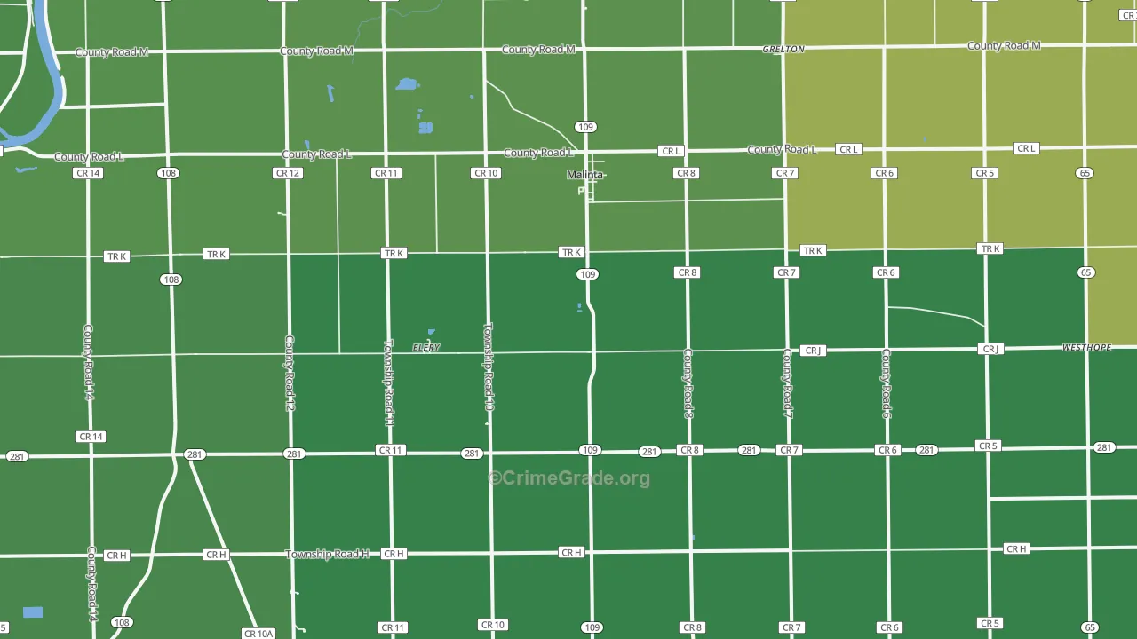 Malinta, OH Map of Vehicle Theft Rates