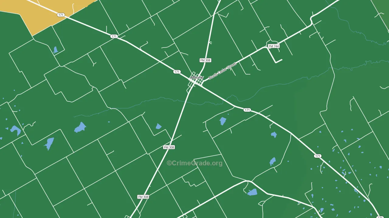 Malone, TX Map of Vehicle Theft Rates