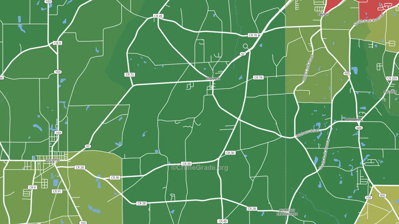 Malvern, AL Map of Vehicle Theft Rates