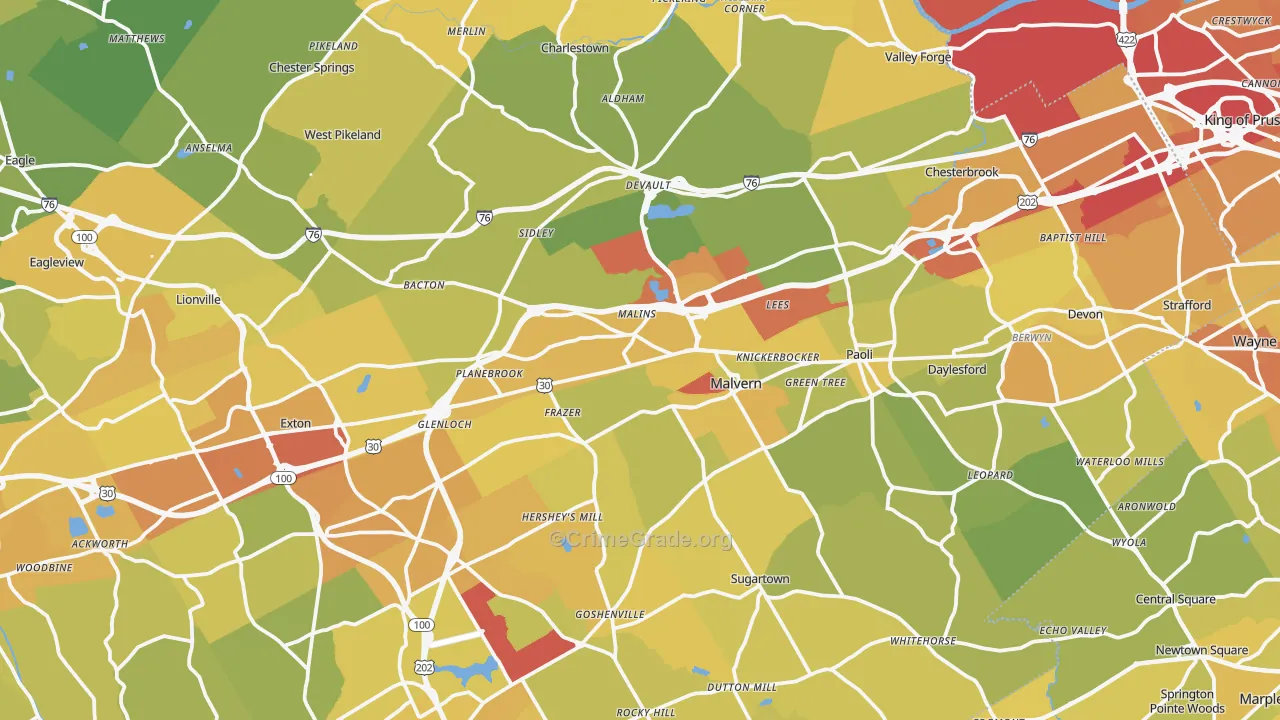 Malvern, PA Map of Vehicle Theft Rates