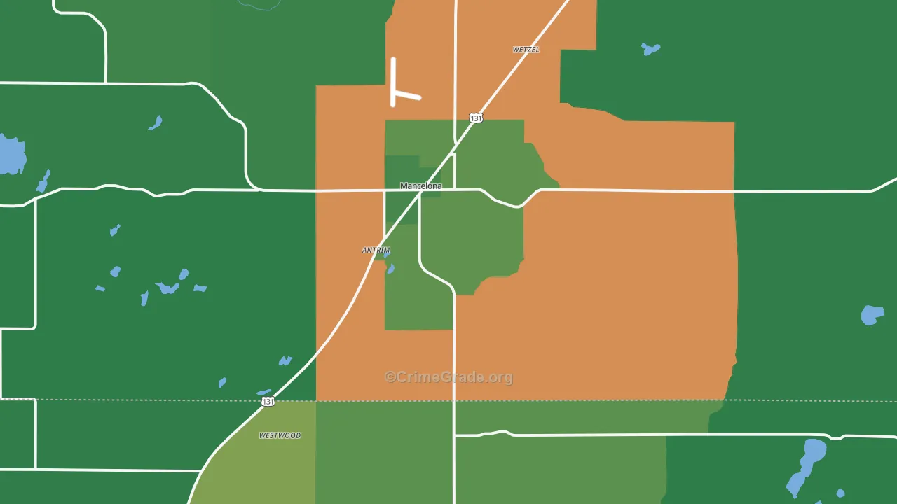 Mancelona, MI Map of Vehicle Theft Rates