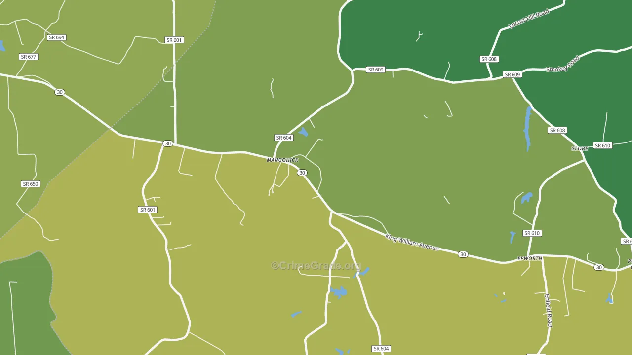 Mangohick, VA Map of Vehicle Theft Rates