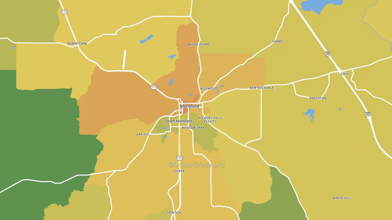 Mansfield, LA Map of Vehicle Theft Rates