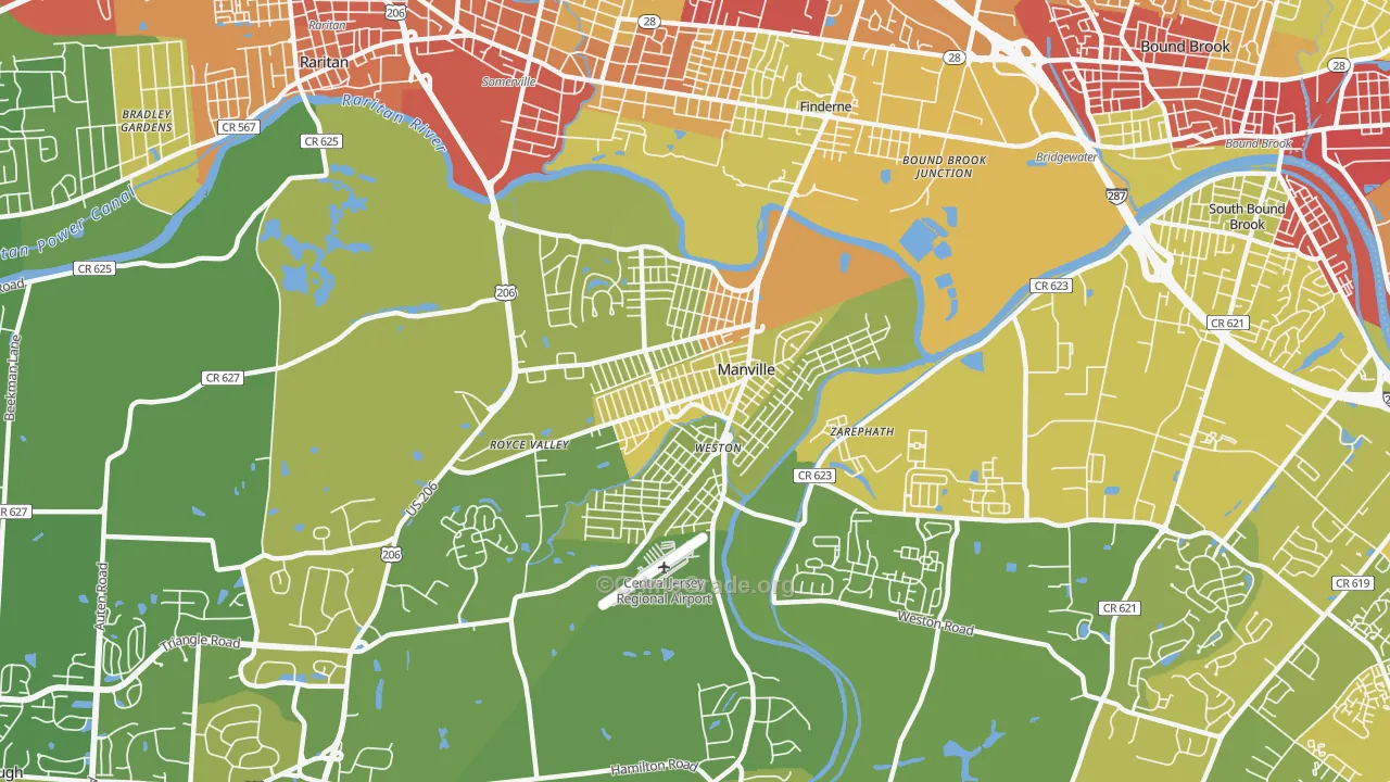 Manville, NJ Map of Vehicle Theft Rates