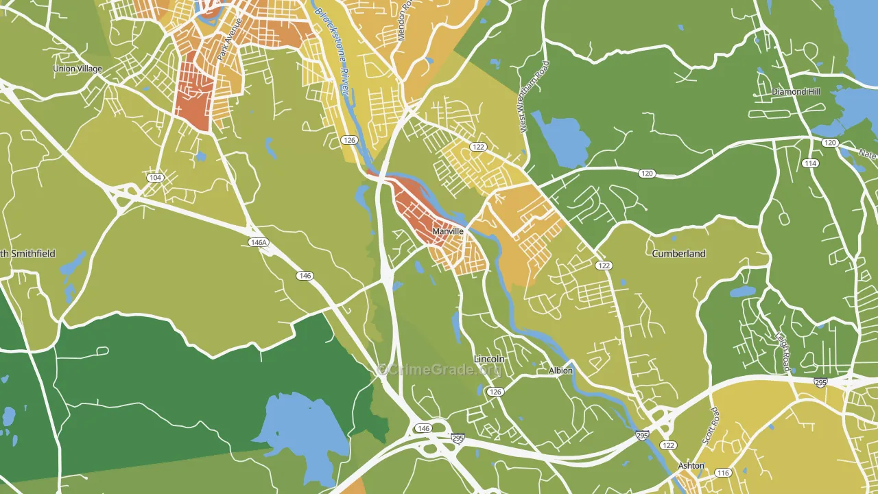 Manville, RI Map of Vehicle Theft Rates