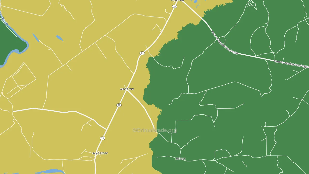 Mapleton, TX Map of Vehicle Theft Rates