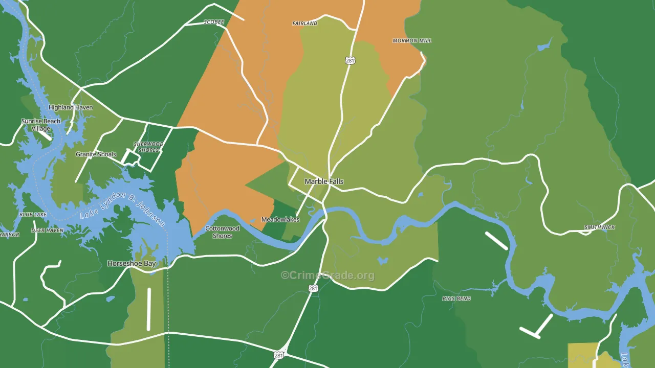 Marble Falls, TX Map of Vehicle Theft Rates