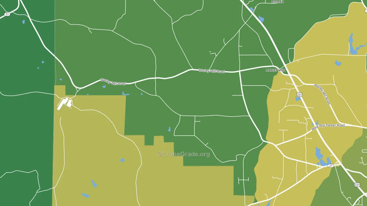 Marley Mill, AL Map of Vehicle Theft Rates